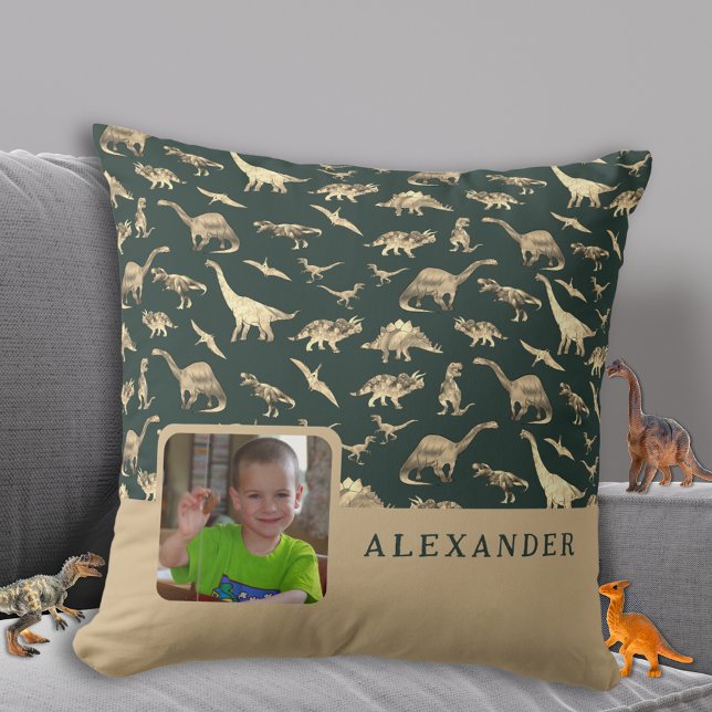Coussin Photo de dinosaure personnalisée nom vert (Dinosaur pattern personalized kids photo and name dark green & khaki brown kids dino bedroom pillow)