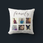 Coussin Photo de famille Collage Nom et année Est<br><div class="desc">Jetez un oreiller minimaliste avec un collage photo des membres de votre famille,  le mot "famille" dans un joli script,  et votre nom de famille et l'année établie.</div>