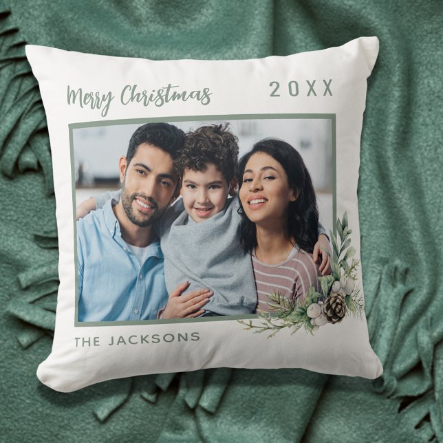 Coussin Photo de famille de Noël blanc vert cône nom de pi (Créateur téléchargé)