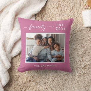 Coussin Photo de famille script de nom rose foncé