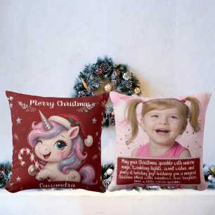 Coussin Photo de Fille Licorne de Noël Magique et Mignonne