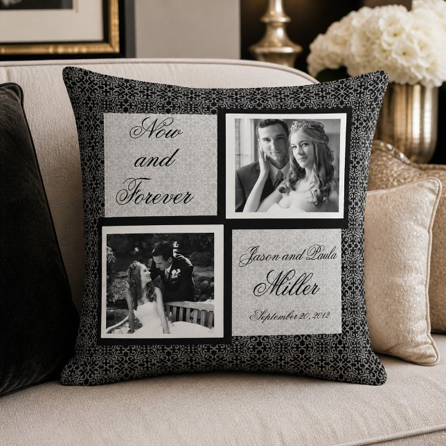 Coussin Photo de mariage en damassé noir et blanc (Black and White Damask Wedding Photo Throw Pillow)