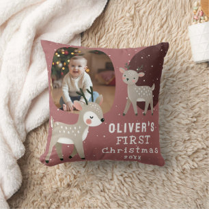 Coussin Photo de Noël du 1er Noël de bébé mignon avec renn