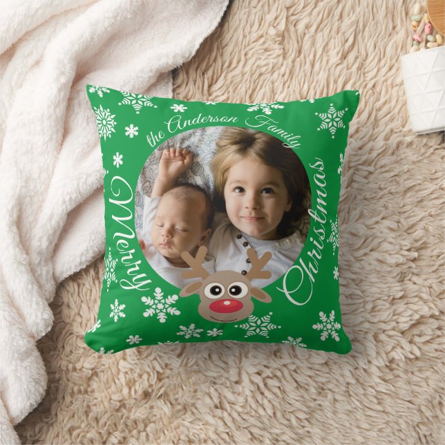 Coussin Photo de Noël Vert blanc Script mignon renne (Couverture)