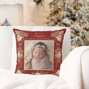 Coussin Photo de Poinsettia pour le premier Noël de bébé