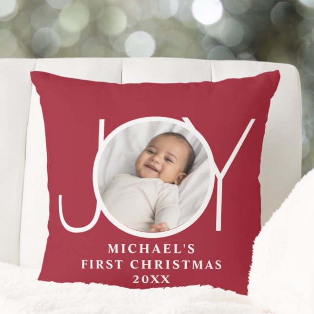 Coussin Photo de premier Noël de bébé rouge (Créateur téléchargé)