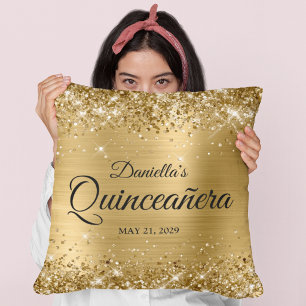 Coussin Photo de Quinceanera Glamour Doré Pailleté