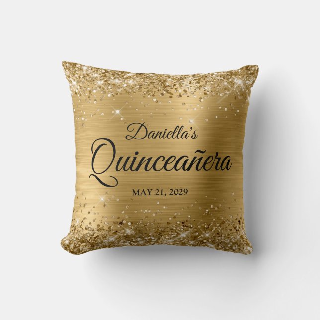 Coussin Photo de Quinceanera Glamour Doré Pailleté (Recto)