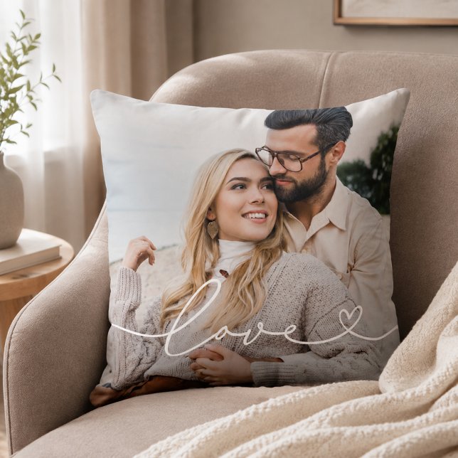Coussin Photo de script de cœur d'amour Texte blanc (Créateur téléchargé)