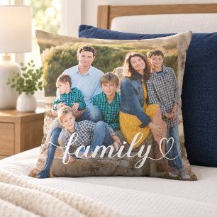 Coussin Photo de texte blanc avec écriture Family Heart