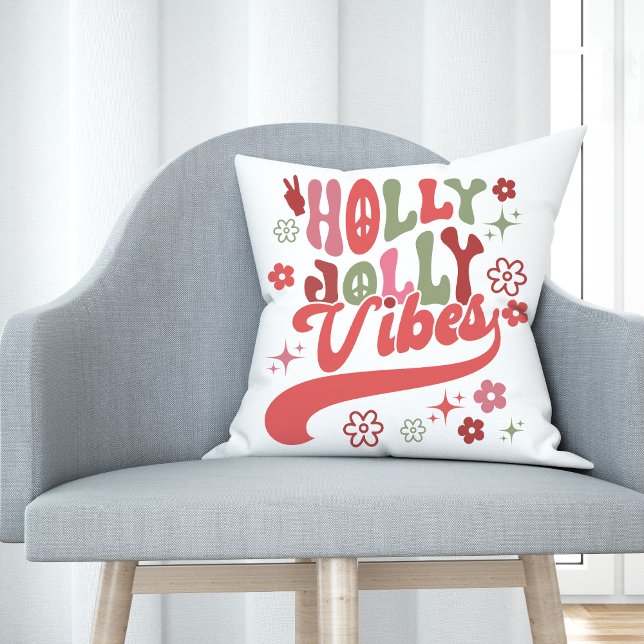Coussin Photo de vacances aux vibes rétro funky holly joye (Retro Groovy Holly Jolly Vibes Holiday Photo Throw Pillow)