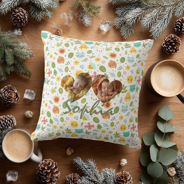 Coussin photo double coeur Coeur et Motif Kawaii (Créateur téléchargé)