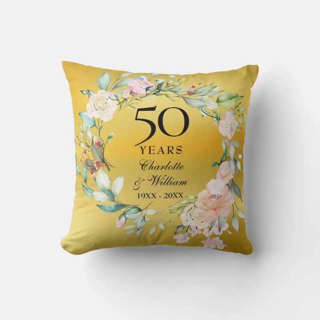 Coussin Photo du 50e anniversaire Rose Floral Gold Foil (Recto)
