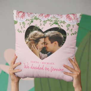 Coussin Photo du coeur personnalisée fiançailles rose rose