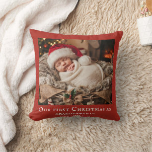 Coussin Photo du premier Noël de bébé avec grands-parents