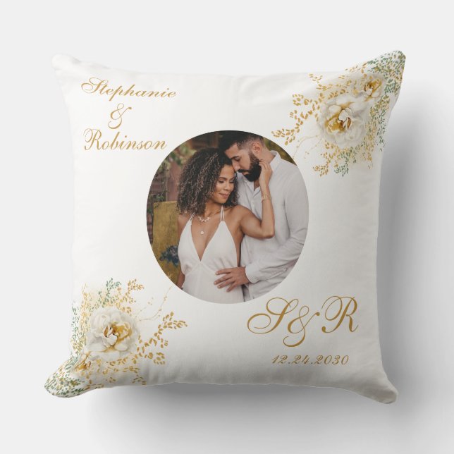 Coussin Photo Elegant Or Blanc Floral Mariage (Recto)