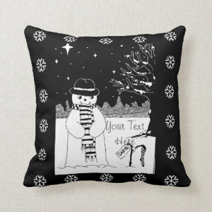 Coussin photo en noir et blanc mignon bonhomme de neige à