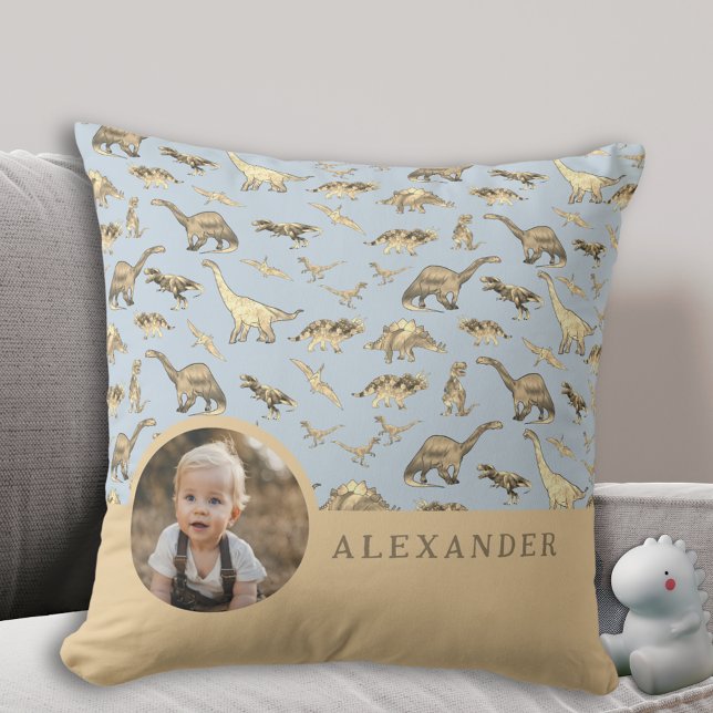 Coussin Photo et nom personnalisés de dinosaure bleu (Cute dinosaur pattern boys personalized name & photo blue pillow custom dino kids bedroom home decor)