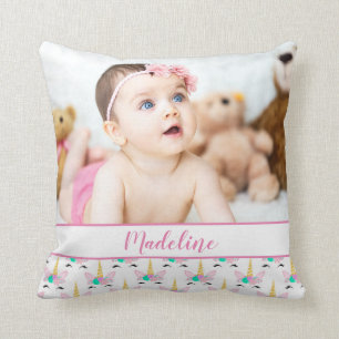 Coussin Photo et nom personnalisés/ Unicorne souriante flo