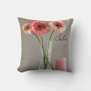 Coussin Photo Happy Gerbera Rose Flower +Custom Name