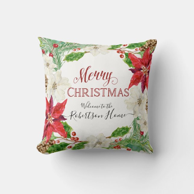 Coussin PHOTO Joyeux Noël Floral Wreath Holly Foliing (Recto)