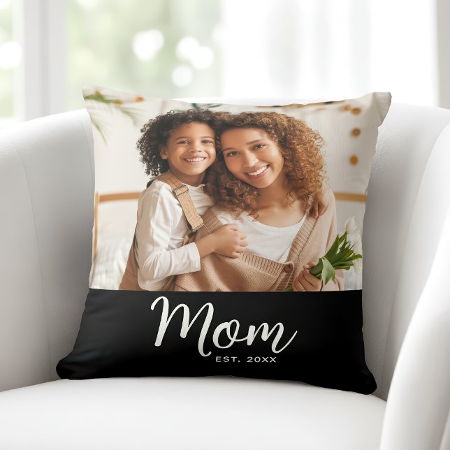 Coussin Photo Maman Date d'établissement Blanc Écriture su (Créateur téléchargé)
