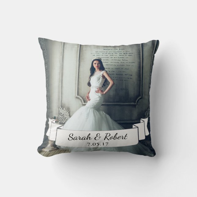 Coussin Photo Mariage classique Ruban blanc & Laurels (Recto)