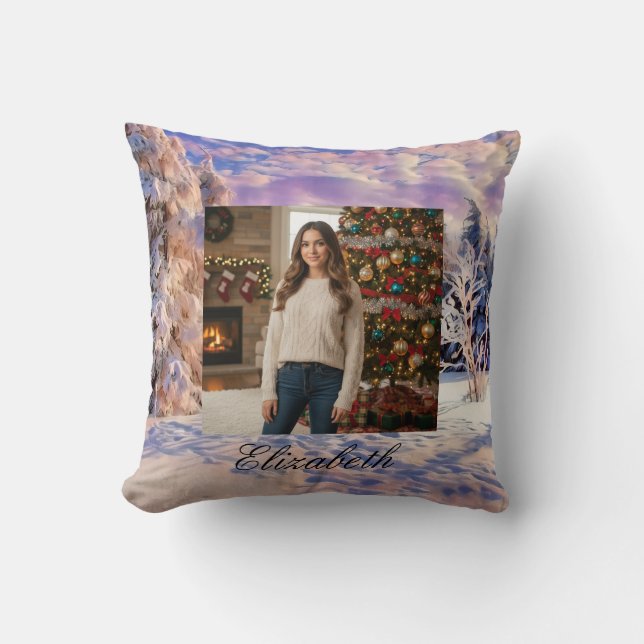 Coussin Photo Name Winter Scenery Purple Pink Watercolor  (Recto)