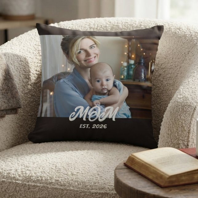 Coussin Photo Noir Blanc Élégant Script Maman Établie (Créateur téléchargé)