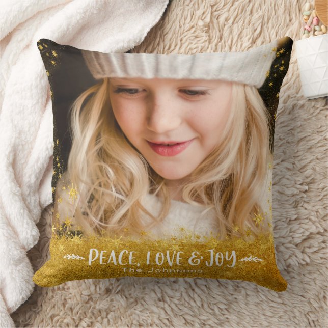 Coussin Photo Peace Love Joy Citation Gold Stars Nom de fa (Couverture)