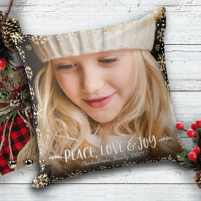 Coussin Photo Peace Loy Joy Gold Snowflakes Bold Modern (Créateur téléchargé)