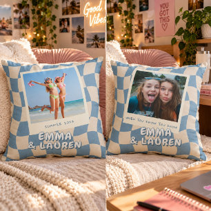 Coussin Photo personnalisée de meilleurs amis bleu à carre