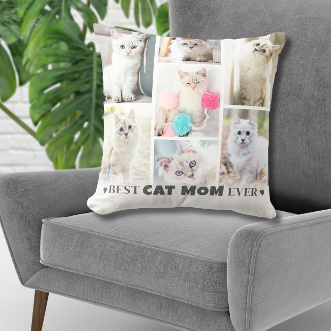Coussin Photo personnalisée maman chat (Personalized Photo Collage Cat Mom Throw Pillow)