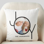 Coussin Photo personnalisée Noël Blanc<br><div class="desc">Cet élégant Coussin photo de Noël est décoré avec le mot JOY dans la typographie noire moderne sur un arrière - plan blanc. Fait un grand cadeau de gardien. Facilement personnalisable avec votre photo et votre nom.</div>