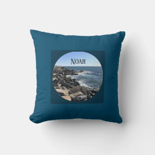 Coussin Photo Rond de Rivage Océanique Bleu Foncé Nom Pers
