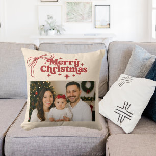 Coussin Photo ruban rouge gribouillé crème Noël
