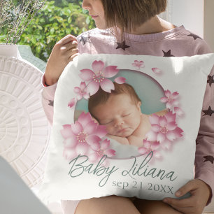 Coussin Photo souvenir de nouveau-né fille Fleurs roses
