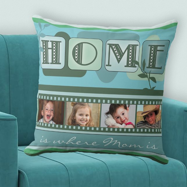 Coussin photo vert feuilleté personnalisé (A modern teal green pillow with a "Home is ..." theme with your own photos - Mother's Day - birthday)