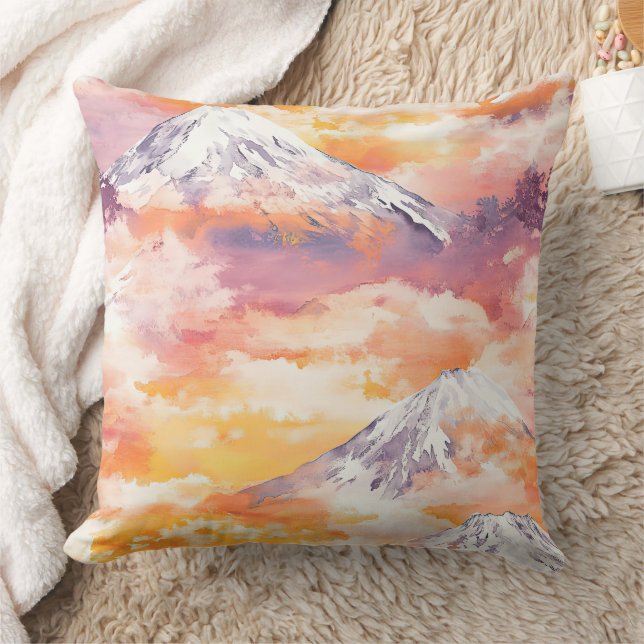 Coussin Pics d'orange enneigés Coucher de soleil Aquarelle (Couverture)