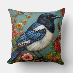 Coussin Pie sur une branche florale colorée