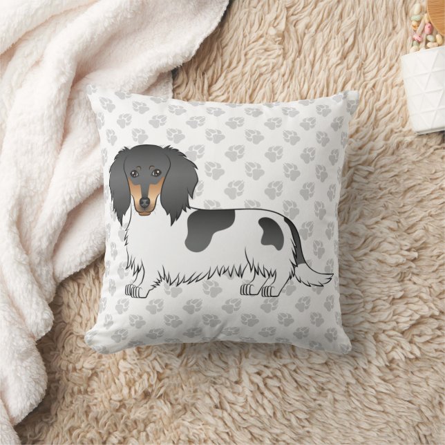Coussin Piebald Noir Et Tan Longues Cheveux Dachshund & Pa (Couverture)