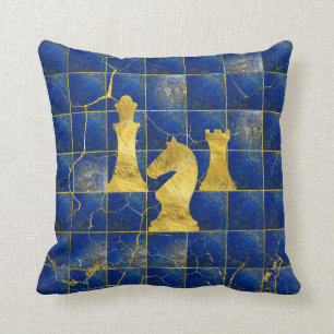 Coussin Pièces d'échecs d'échiquier et d'or de lazulite de