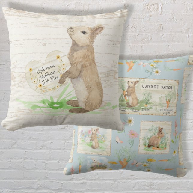 Coussin Pierre Lapin Aquarelle Bois Rustique Bleu Poussiér (Créateur téléchargé)