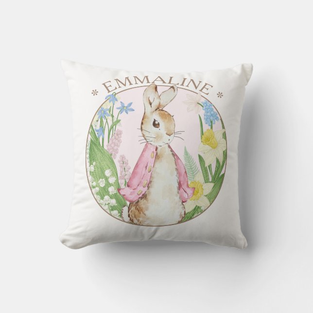 Coussin Pierre le lapin Printemps fleurit Baby shower rose (Recto)