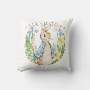 Coussin Pierre le lapin Printemps fleurs Baby shower bleu