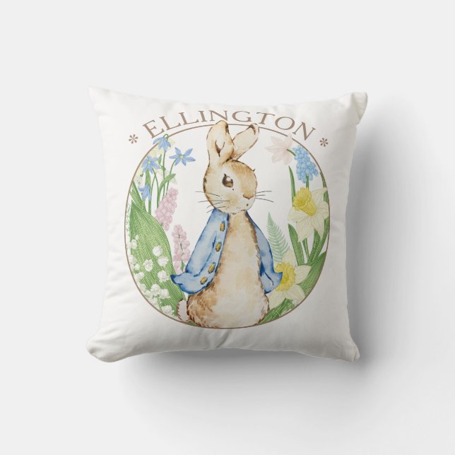 Coussin Pierre le lapin Printemps fleurs Baby shower bleu (Recto)