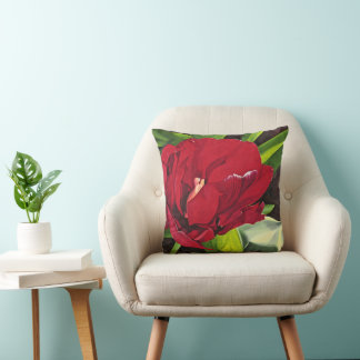 Coussin Pierre rouge fleur avec feuilles verts, carré