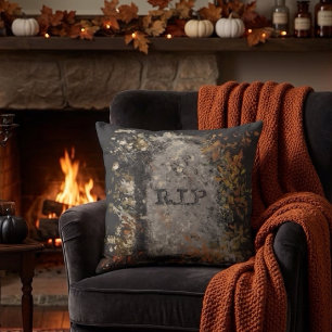 Coussin Pierres tombales gothiques vintage R.I.P. et feuil