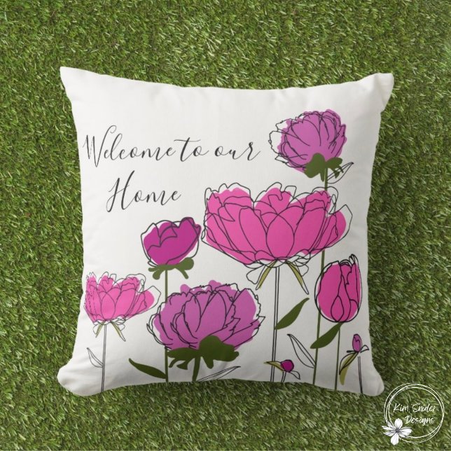 Coussin Pies roses "Bienvenue à notre maison" (Créateur téléchargé)
