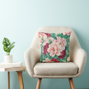 Coussin Pies roses rouges et Motif Feuille vert